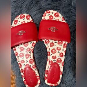 Coach Red Floral Print Slide Sandals